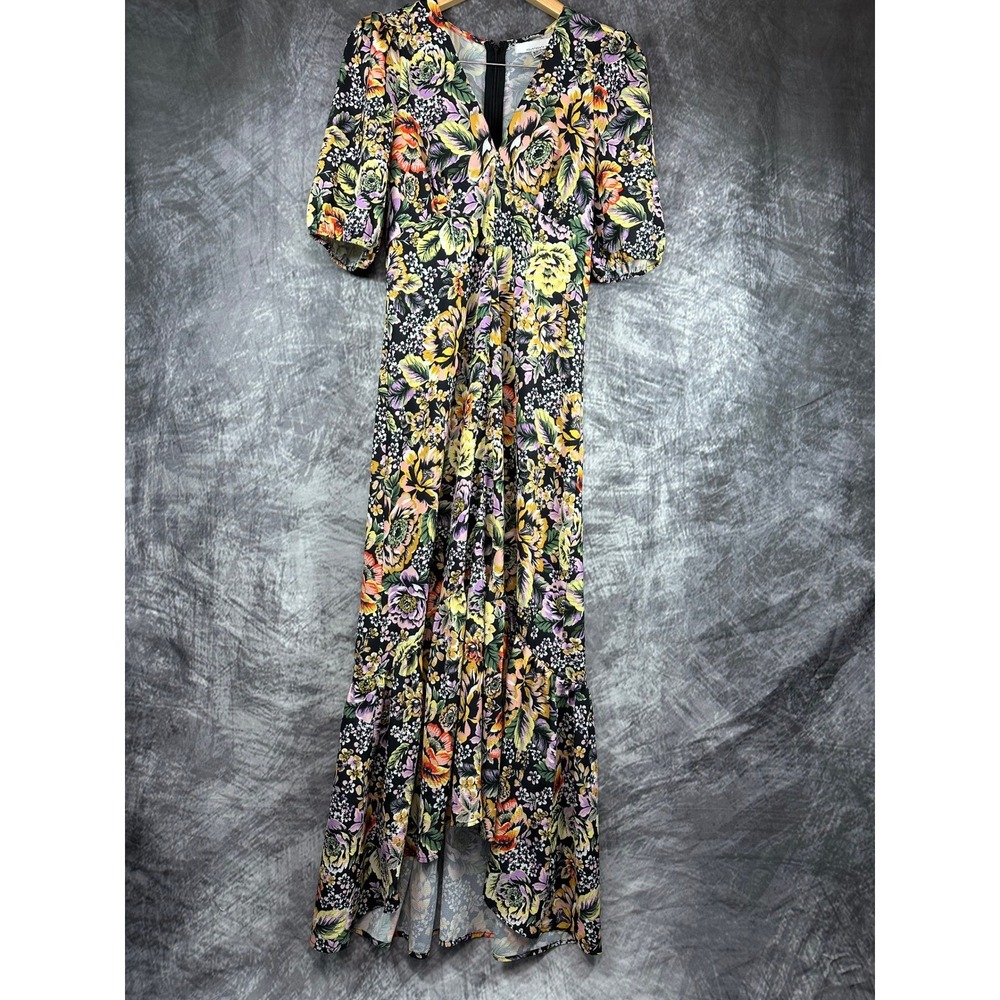 Fourteenth Place Floral Maxi Dress Women Small Black Floral High Low Puff Sleeve